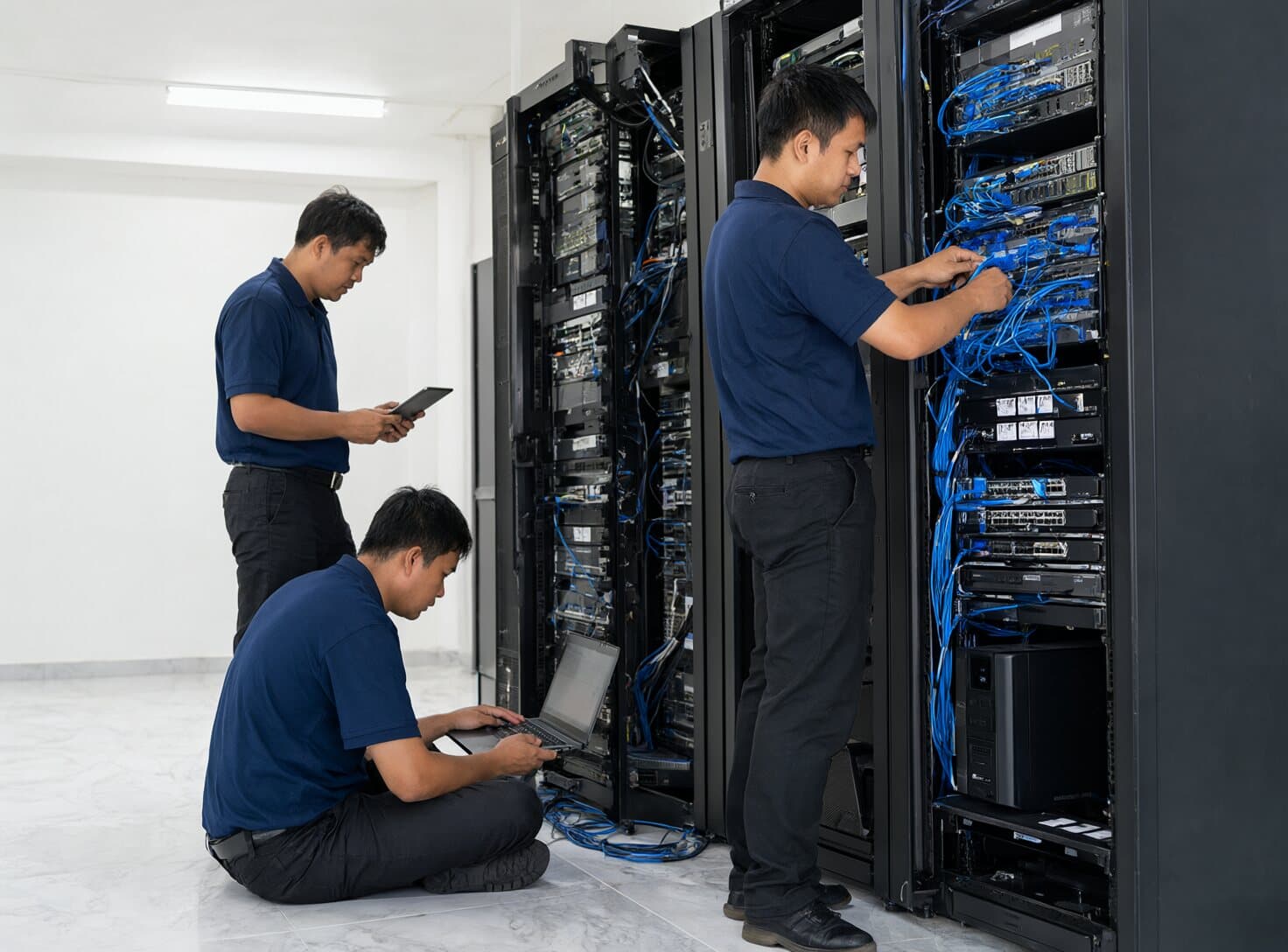 Monachi engineers installing and configuring a server rack